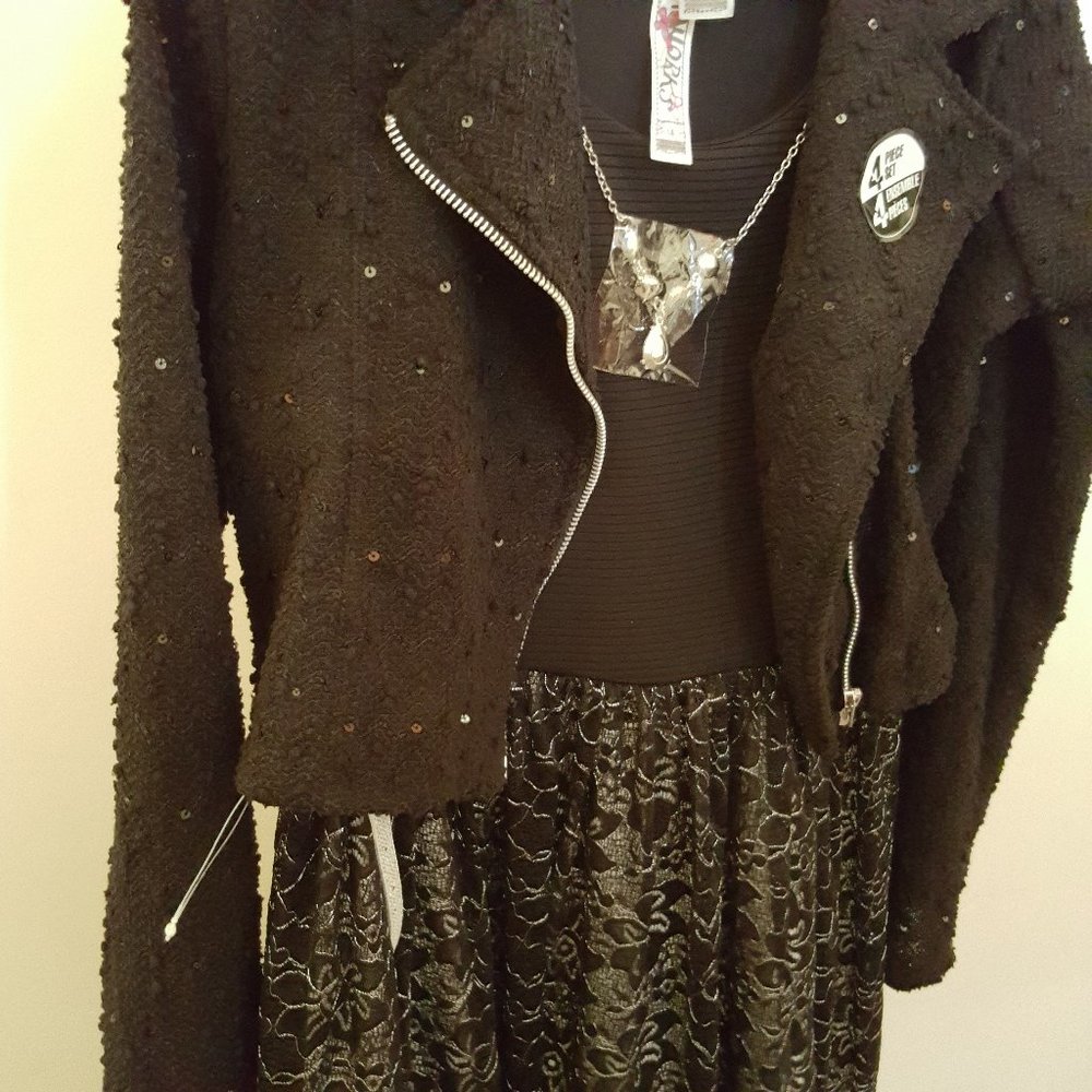 Girls Dress With Lace Skirt, Black Sequin Moto Jacket, Necklace, Belt